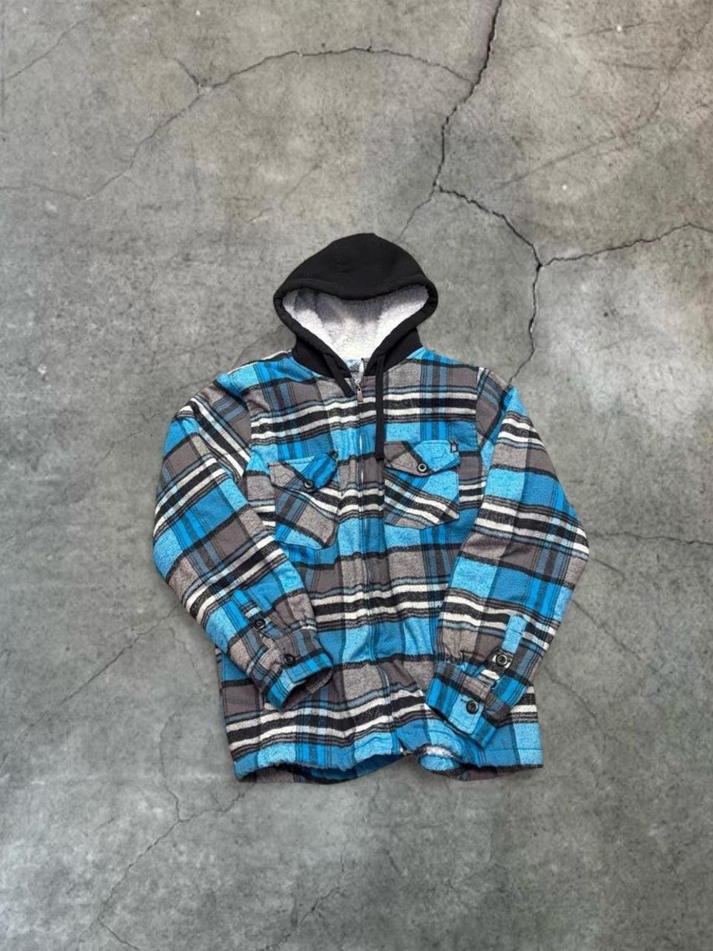 Sapphire Lounge Y2K Blue Plaid Sherpa Lined Hooded Flannel Jacket M